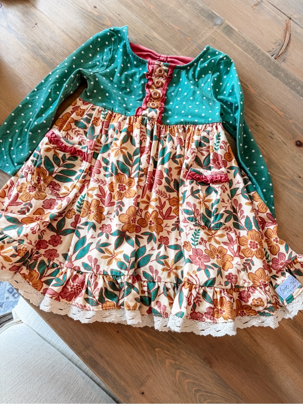 Girls Teal Polka Top Floral Skirt Long Sleeve Dress